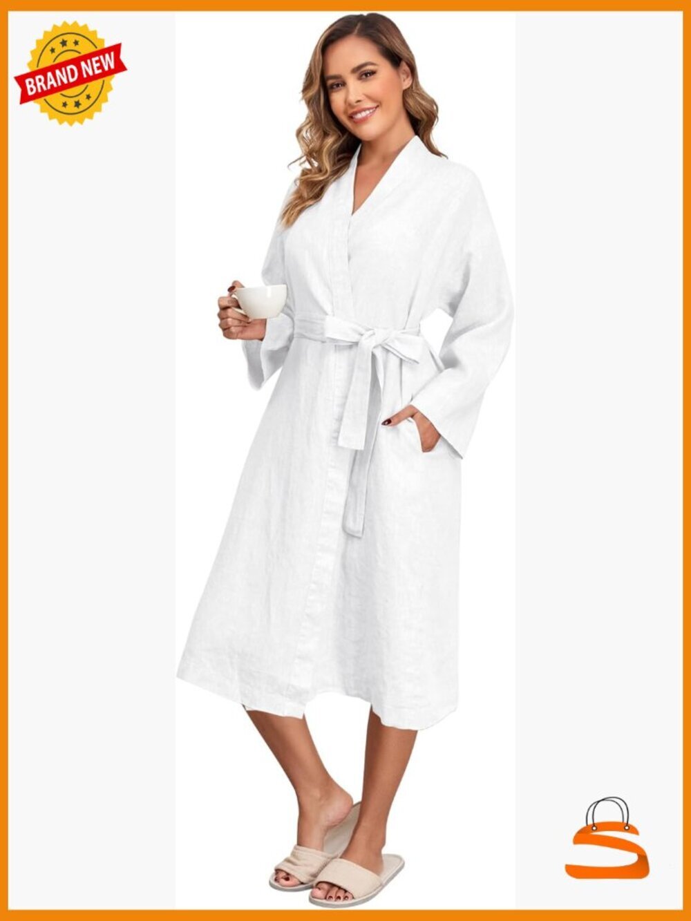 100% Linen Kimono Robe Lightweight Mid Length Bathrobe with Pocket